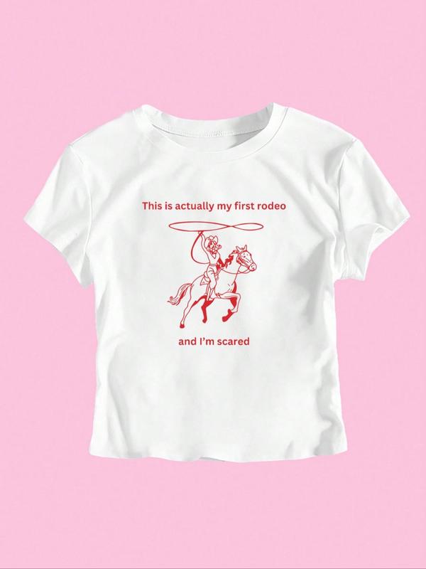 Women's Cartoon Horse & Letter Print Round Neck Graphic Tee, Vintage Trendy Casual Short Sleeve T-shirt For Daily Wear, Ladies Summer Outfit 2