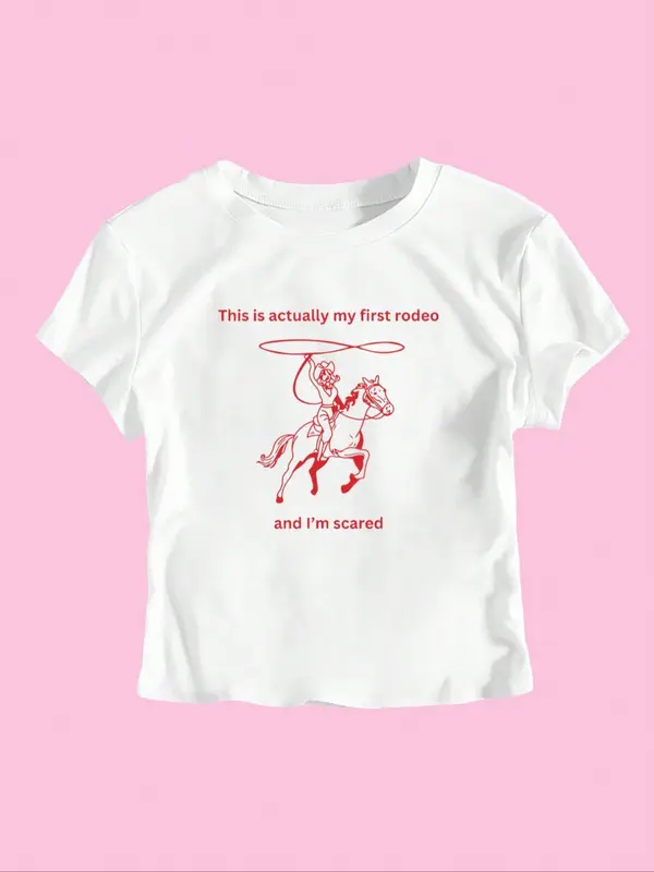 Women's Cartoon Horse & Letter Print Round Neck Graphic Tee, Vintage Trendy Casual Short Sleeve T-shirt For Daily Wear, Ladies Summer Outfit 2