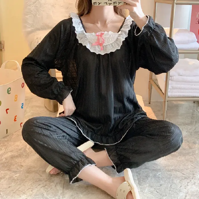 [MIS3131] Oneset Baju Tidur Piyama Wanita Lengan Panjang Celana Panjang Motif Polos Atasan Renda Setelan 1