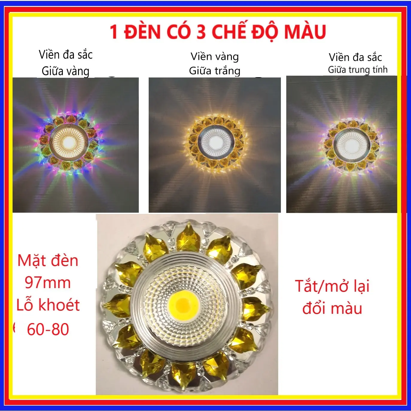 Đèn led âm trần trang trí decor phòng thủy tinh pha lê 3 chế độ màu - KHÔNG CÓ REMOTE