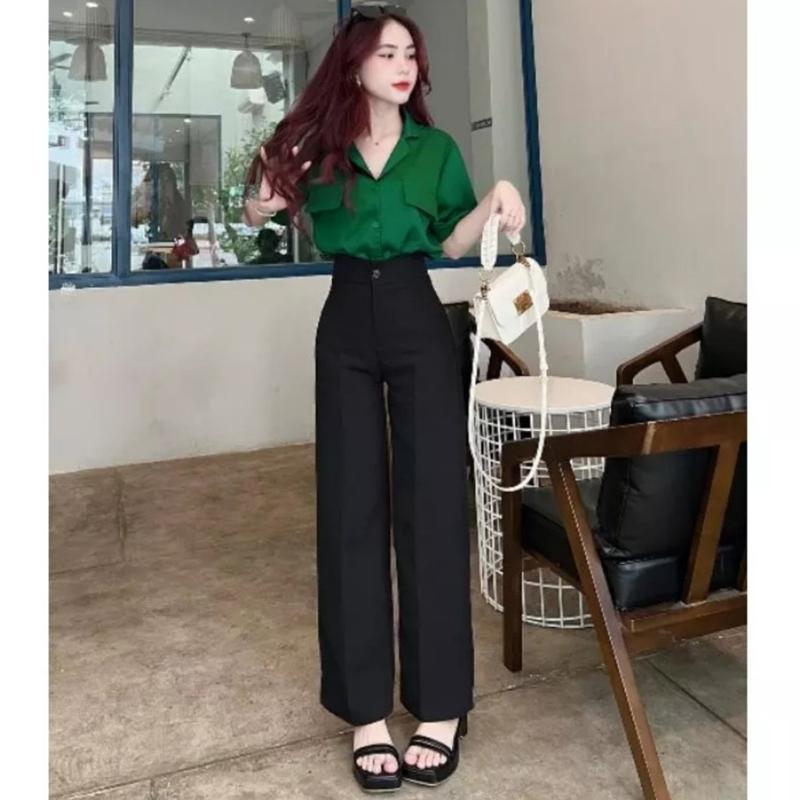 Quần Ống Rộng Suông Nữ Lưng Cao 1 Nút Khóa Trước Dáng Quần Tây Nữ Ống Rộng Cạp Cao Màu Đen Vải Dày Dặn Pants Dáng Dài Women Ong 4