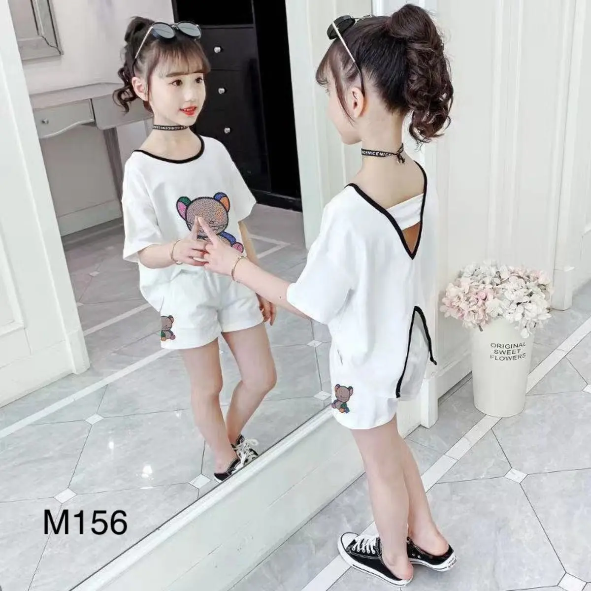 (15-45kg) Bộ quần áo thun ngắn tay mùa hè bé gái hình gấu dễ thương M156