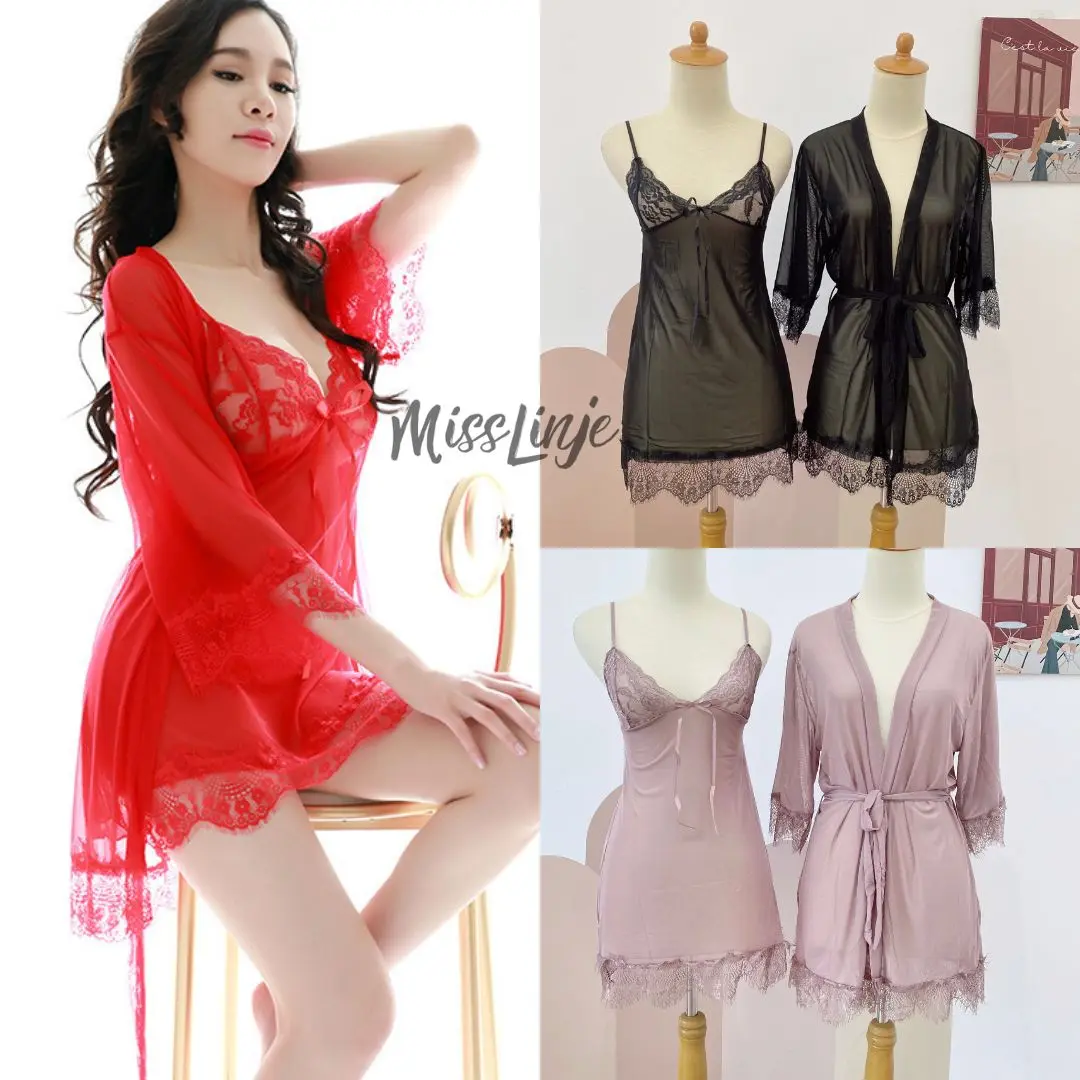 Baju Tidur Dinas Istri Lingerie Setelan Kimono Sexy Wanita Dapat Dress dan Outer Renda Transparan