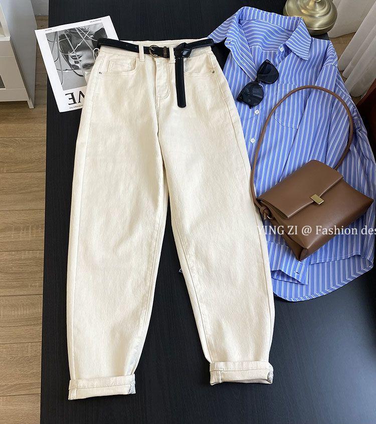 Product Introduction of Quần Jean Harem, Màu Trắng Kem, Dành Cho Nữ, Dáng Suông Rộng Vừa Vặn, Cạp Cao, Bó Sát, Màu Mơ, Phong Cách Daddy, Quần Ống Côn, Hàng Mới Về Mùa Thu 2024， Women， Pants 1