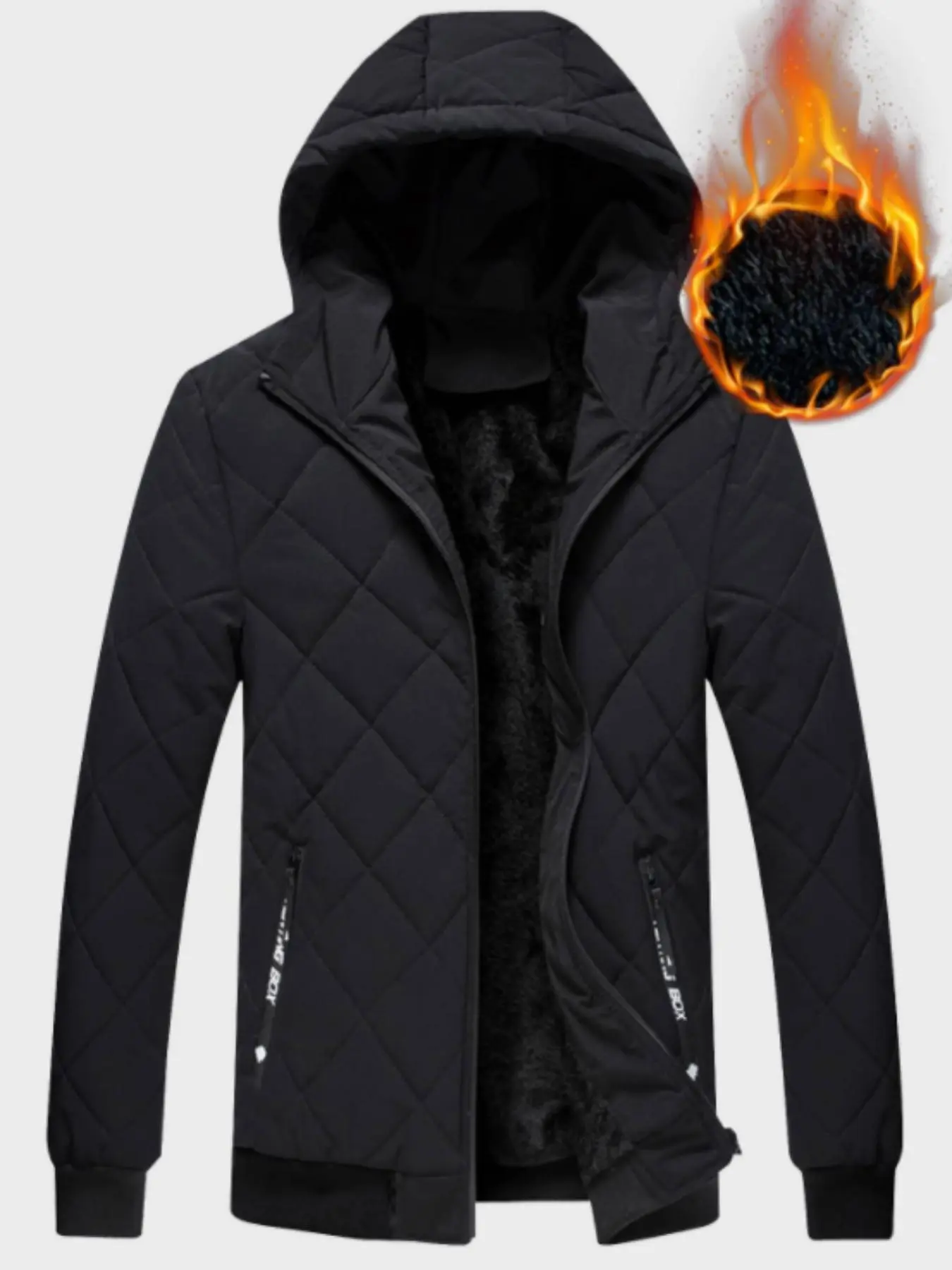 Men's Zipper Hooded Argyle Quilted Jacket, Heating Jacket Gilet, Casual Teddy Lined Long Sleeve Thermal Outerwear, Men's Fall & Winter Clothing,  Hooded Jacket Workwear