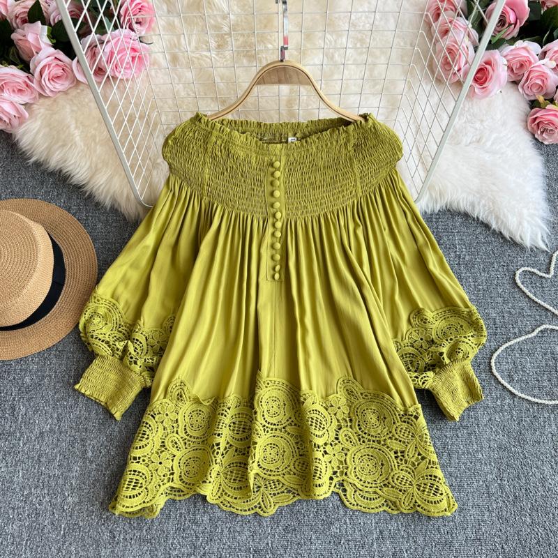 Blaus Baju Wanita, Ruffle Elegan, Jahitan Renda, Rekaan Berongga ...