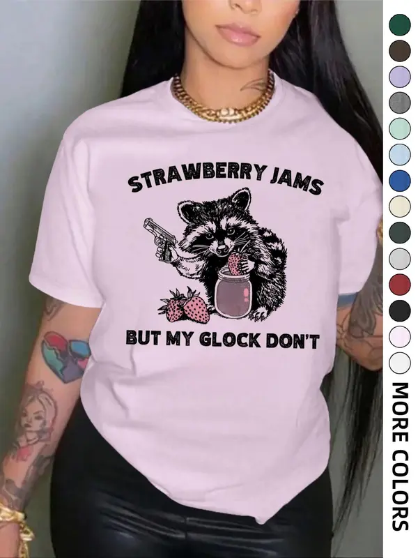 Women's Strawberry & Raccoon Print Round Neck Tee, Fashion Casual Drop Shoulder Short Sleeve T-shirt for Daily Wear, Ladies Summer Clothes,  T Shirts for Women 4