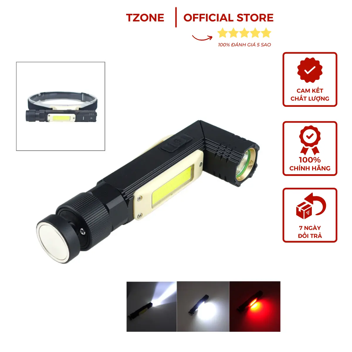 Đèn pin cầm tay LED COB gập chữ L ánh sáng trắng + đỏ, có dây đeo đầu, nam châm, cổng sạc USB, dùng đi cắm trại, đi câu cá