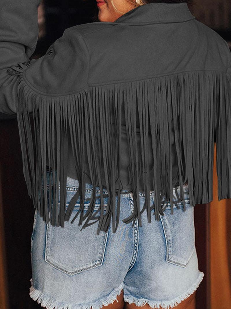 Product Introduction of 【Plus Size】 Fringe Trim Lapel Collar Jacket, Casual Long Sleeve Open Front Outerwear for Spring & Fall, Women's Clothes for Daily Wear 9