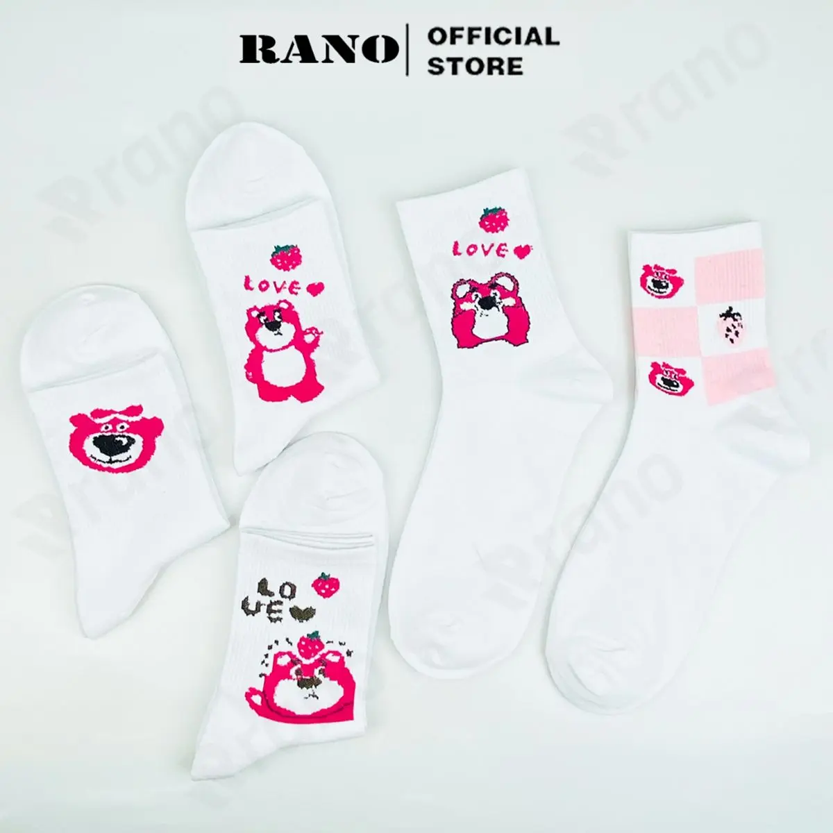 Tất nữ cổ cao họa tiết gấu dâu tây hồng RANO cotton màu trắng dễ thương hàn quốc đáng yêu Voan Voi