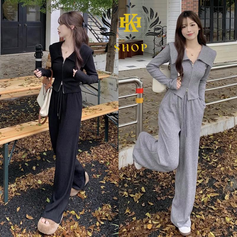  Set Nỉ Nữ - Set đồ nữ thu đông Chất nỉ tăm Quảng Châu Khóa 2 chiều kiểu mới giúp hack dáng tạo eo thon gọn HK Shop gồm 1 áo cổ bẻ và 1 quần thụng 