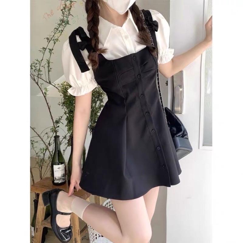 Set Váy Hai Dây Thắt Nơ Kèm Áo Sơ Mi Tay Phồng Xinh Xắn Dễ Thương Nhẹ Nhàng