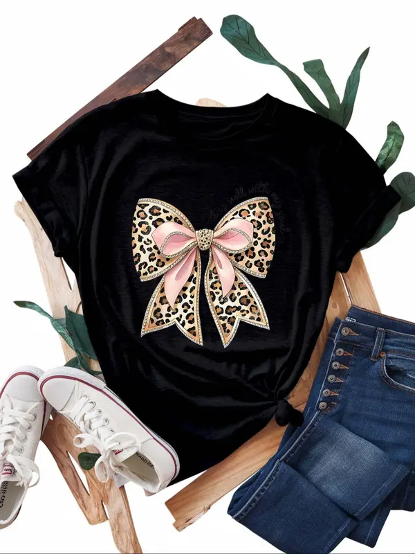 【Plus Size】 Bow Print Round Neck Tee, Fashion Casual Crew Neck Short Sleeve T-shirt for Daily Outdoor Wear, Women Plus Clothing for All Seasons, Top 0