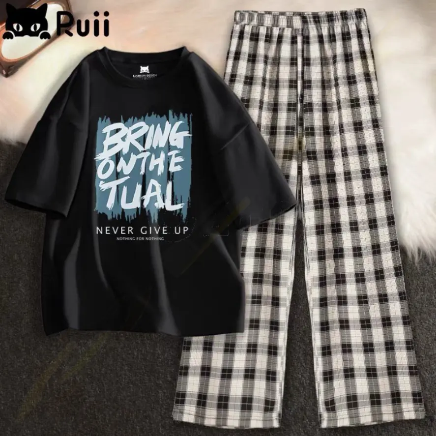 [MIỄN PHÍ SHIP]  Sét Áo phông Đen in 5Dvà quần karo, Đồ UNISEX mặc ở nhà và đi chơi, chất đẹp, mặc không xù -HẠNH NHI-FASHION