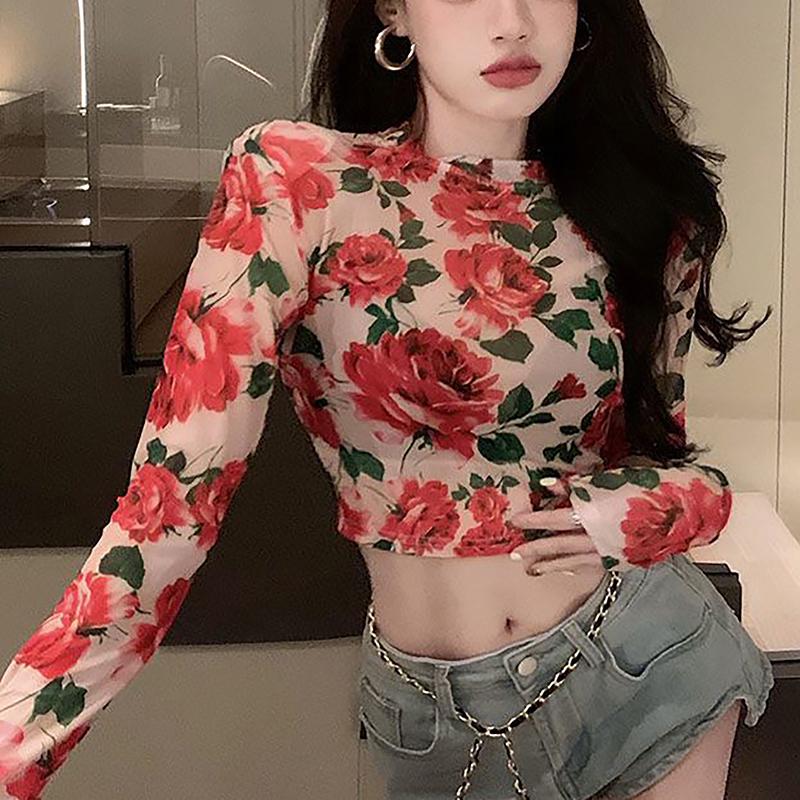 Áo Thun Dài Tay Cổ Tròn Cho Nữ, Áo Crop Top Mỏng, Retro, Hoa, Mùa Xuân 6