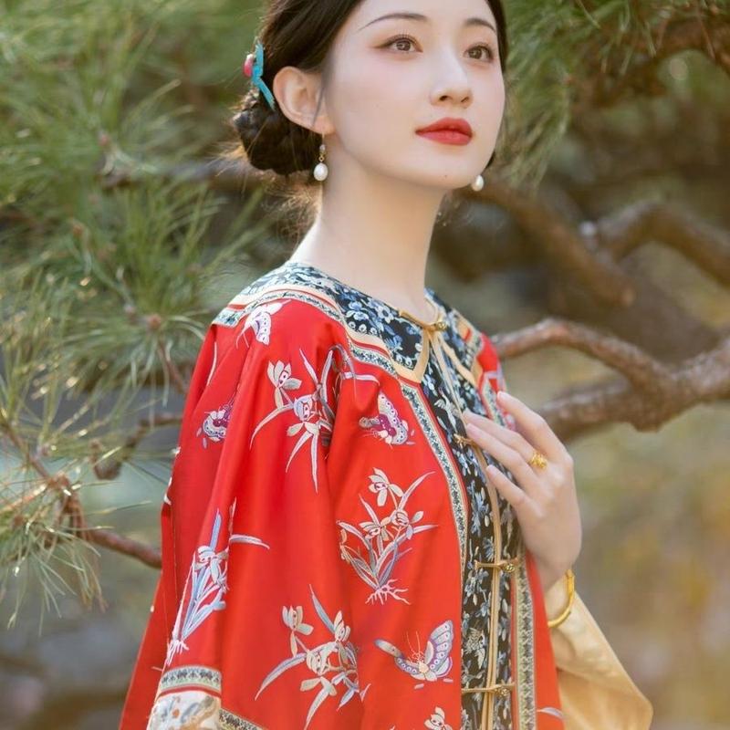 Quần Áo Nữ Triều Thanh, Quần Áo Han Chính Hãng, Thiết Kế Gege Triều Thanh, Cổ Tròn, Váy Mặt Ngựa, In Công Nghiệp Nặng 1