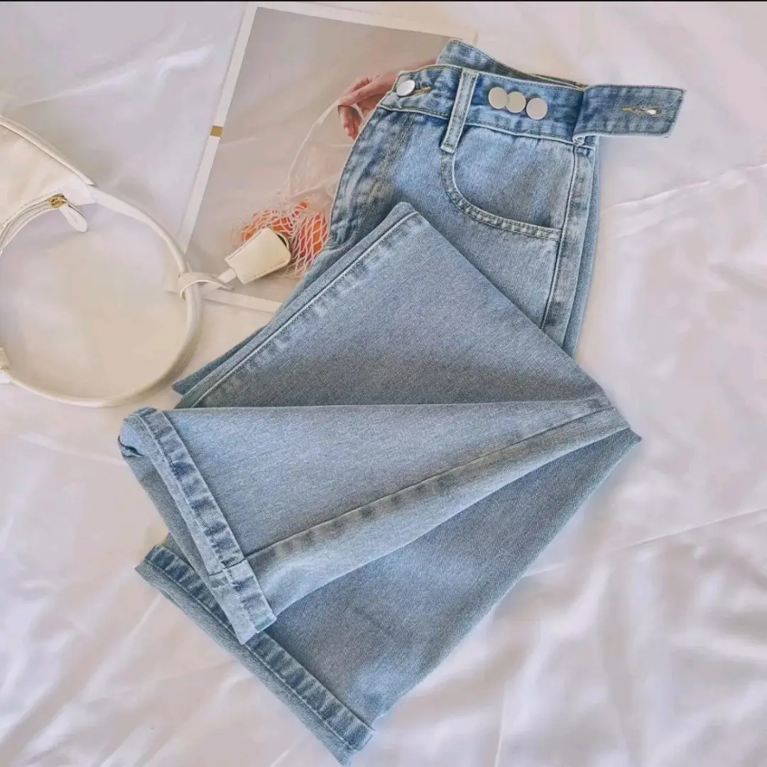 Celana Jeans Wanita Model Korea Style Polos Pinggang Dapat Disesuaikan Kekinian Viral  Bawahan Terbaru Highwaist Jeans Boyfriend Loose Kancing High