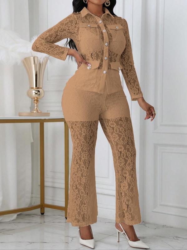 Women's Floral Lace Button Front Pocket Jacket & High Waist Pants Set, Elegant Sheer Long Sleeve Collared Top & Straight Leg Pants for Vacation Holiday Party, Ladies Clothes for All Seasons, Sassyclassyclothing, Co-ord Sets for Women 4