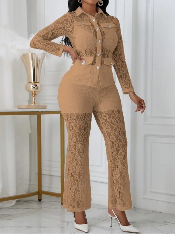 Women's Floral Lace Button Front Pocket Jacket & High Waist Pants Set, Elegant Sheer Long Sleeve Collared Top & Straight Leg Pants for Vacation Holiday Party, Ladies Clothes for All Seasons, Sassyclassyclothing, Co-ord Sets for Women 4