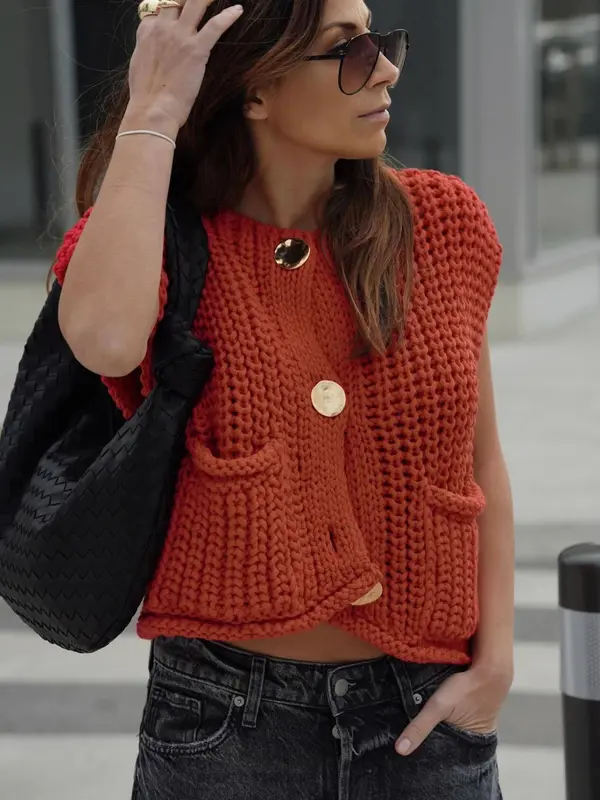 【Plus Size】 Solid Button Front Pocket V Neck Sweater Cardigan, Casual Sleeveless Knitwear for Spring & Fall, Women's Plus Clothing for Daily Wear 4