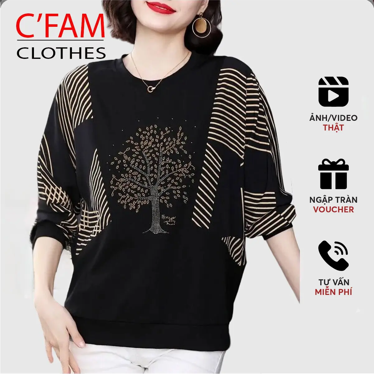 Áo Thun nữ trung niên co giãn kiểu dáng thanh lịch, tôn dáng thời trang C'FAM GDA06