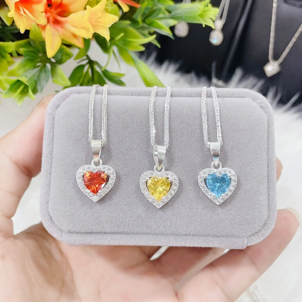 Dây Chuyền Hình Tim Đính Đá Có Đủ Màu Women Jewelry Trang Sức