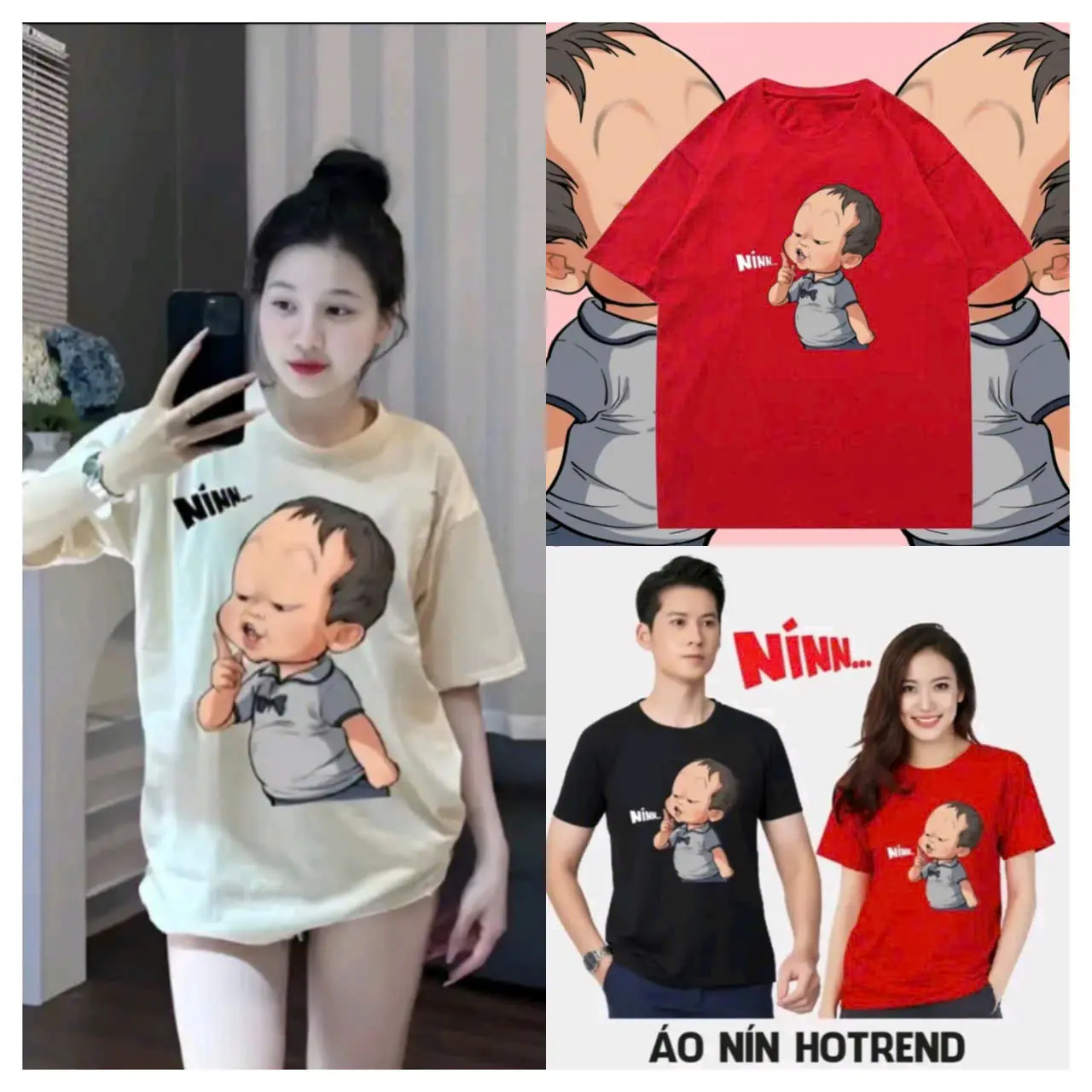 Áo thun Nam Nữ Hình In BÉ NÍN Cổ tròn Màu đen Menswear Top - Size S M L XL XXL - Women