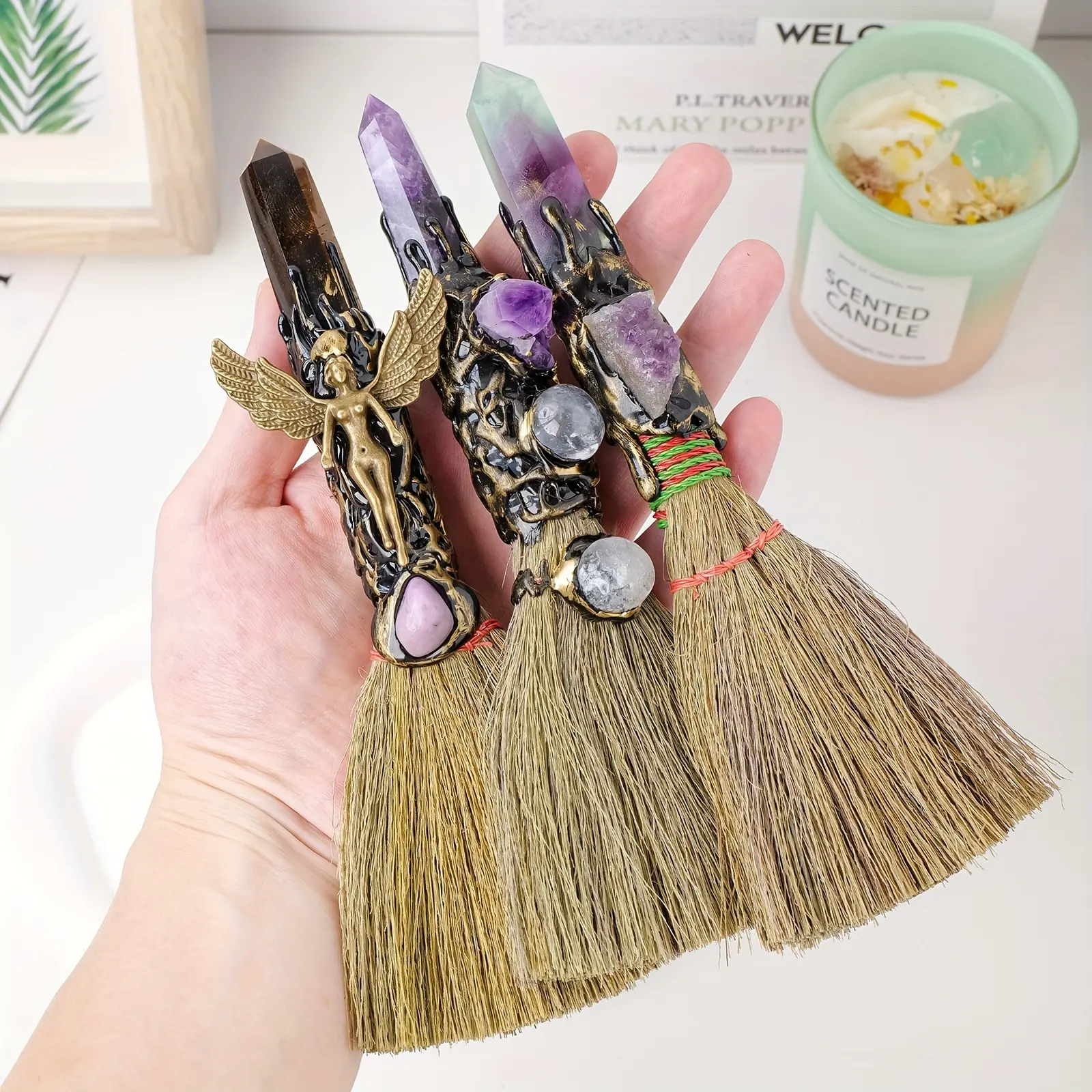 Đũa phép điểm pha lê tự nhiên, chổi nhỏ, dụng cụ phù thủy, đồ dùng thờ cúng, chổi phù thủy thạch anh năng lượng, quà tặng sinh nhật, 1 cái