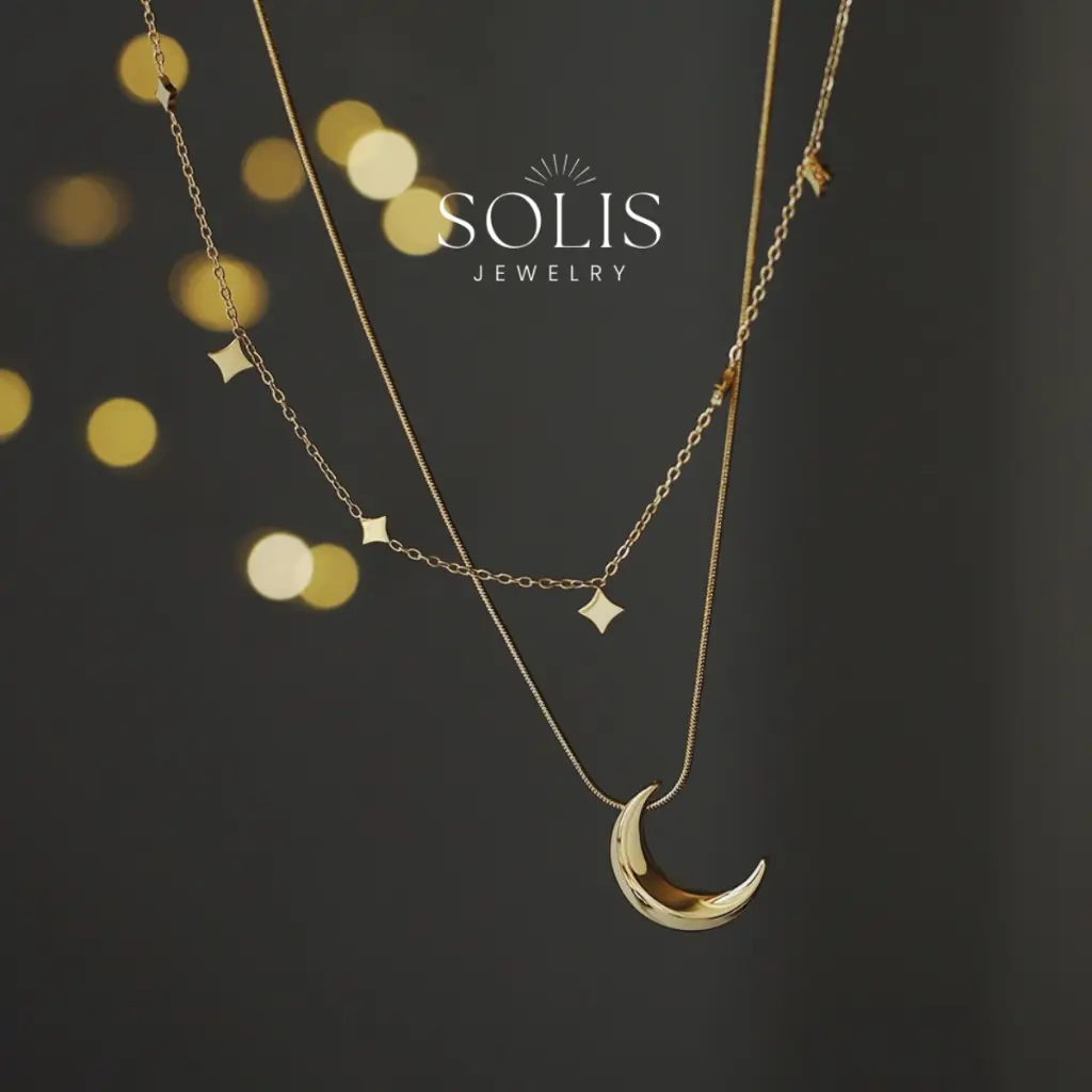 Crescent Moon Pendant Gold Chain Necklace A Set Jewelry • Waterproof Non Tarnish Jewelry •  316L Stainless Titanium Steel Necklaces for Women Gift NL225 Solis Jewelry