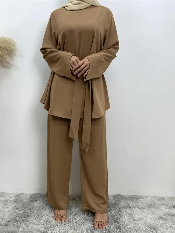 Two-Piece Set Women's Solid Zip Up Belted Top & Wide Leg Pants Two-piece Set, Modest Long Sleeve Round Neck Top & Trousers for Daily Wear, Ladies Fall Clothes 1