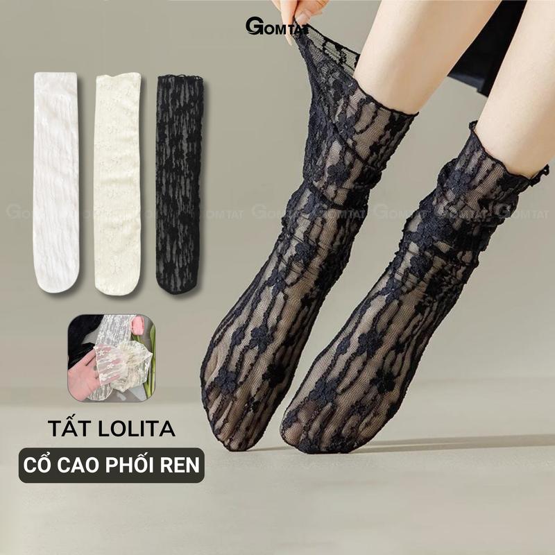Vớ ren cổ cao nữ GOMTAT vớ ren dành cho nữ chất liệu sợi poly mềm mịn tất lolita phối ren hút ẩm thoáng khí khử mùi êm chân che khuyết điểm Women Voi - OH-2502