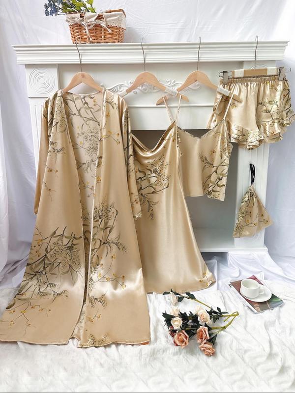 Christmas Gift Five Counts Women's Floral Print Satin Pyjamas Set, Pj Sets for Women, Elegant Comfort Belted Robe & Cowl Neck Cami Dress & Camisole & Ruffle Shorts & Bag, Pajama Sets Women, Loungewear for All Seasons, Lounge Set for Women 3