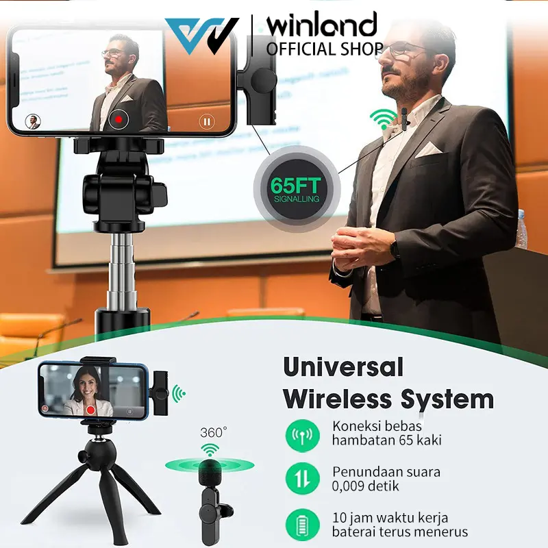 【COD】Flash Sale Winland Wireless Microphone Lapel Portable Mini Mic for iPhone Android Phone live broadcast-Garansi 1 tahun Wireless IDO type Cover UHF (Wireless) Mikrofon Bluetooth 5