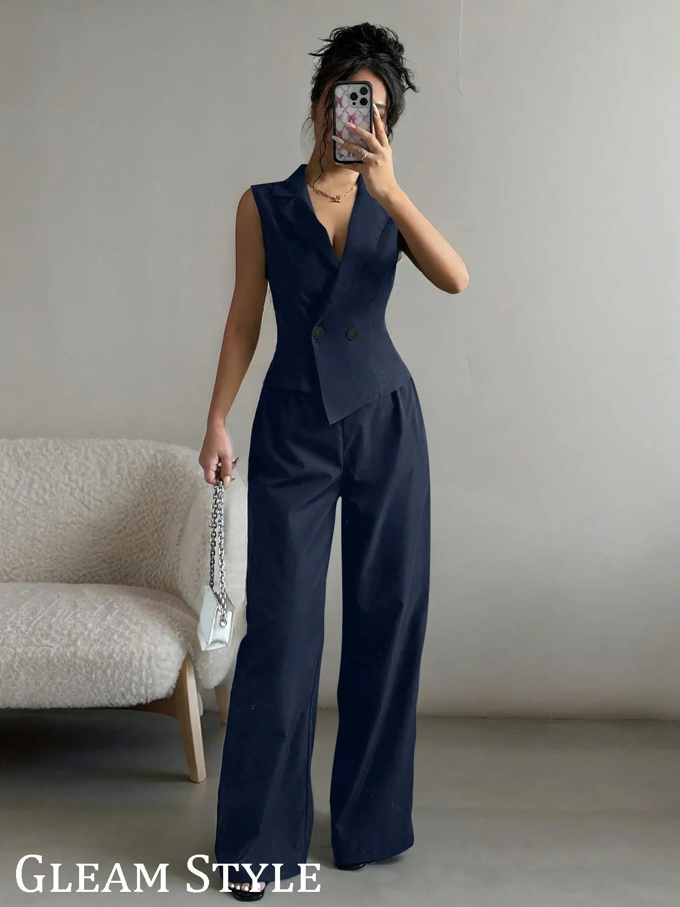 Women's Solid Color Button Vest & Wide Leg Pants, Elegant Fashion Casual Sleeveless Top & Trousers for Daily Outdoor Wear, Women Clothing for Spring & Fall