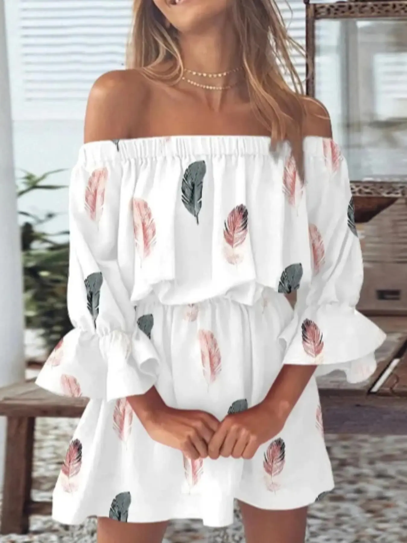 Women's Feather Print Off Shoulder A Line Dress, Boho Ruffle Trim Flounce Sleeve Short Dress for Beach Holiday Vacation, Ladies Summer Clothes, Womenswear