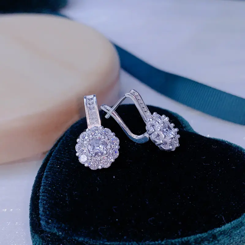 Bông tai Bạc kiểu bật Hình hoa viền 9 viên đá nhỏ chui đính đá dài - GSJ - E3109401 5