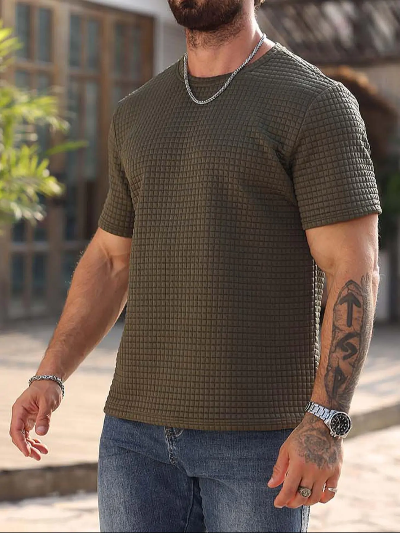 Men's Plain Waffle Knit Tee, Casual Comfy Breathable Short Sleeve T-shirt for Summer, Fashion Men's Top for Daily Wear