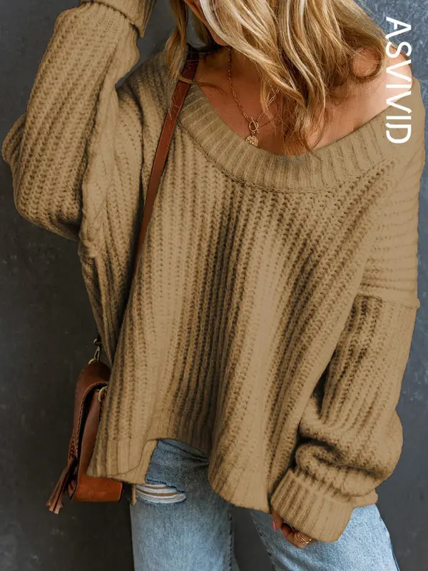 Women's Plain Textured Split Hem Scoop Neck Sweater without Necklace, Casual Drop Shoulder Long Sleeve Jumper for Fall & Winter,  Knitwear for Daily Wear 3