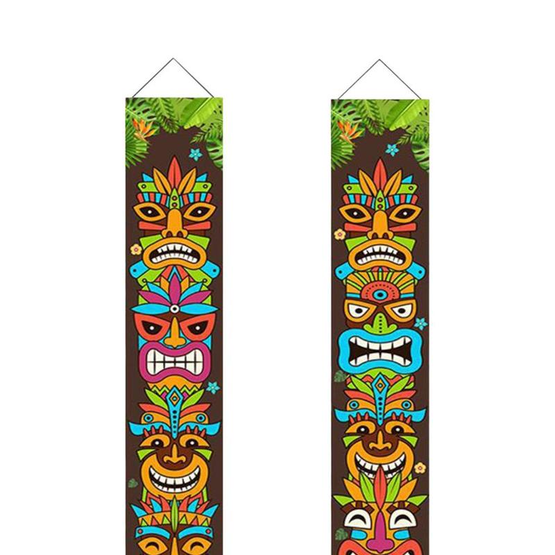 Product Introduction of 2Pcs Hawaiian Tiki Decoration Carnival Decorative Tropical Door Porch Banner for Fence Parade Car Backyard Tropical Shelf 1