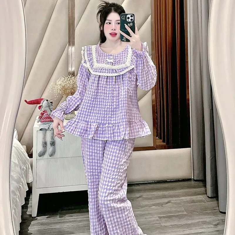Đồ Bộ Mặc Nhà Nữ, Cổ Bèo Ren Tầng, Vải Đũi Kẻ Mềm, Tay Dài Quần Dài Phom 40-60kg Women Nhung Kem 4