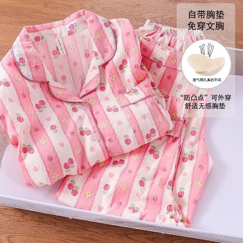 Đệm mỏng_  Bộ ngủ Thô mây dài tay caro cổ vest basic mềm mát mặc nhà pijama nữ 5