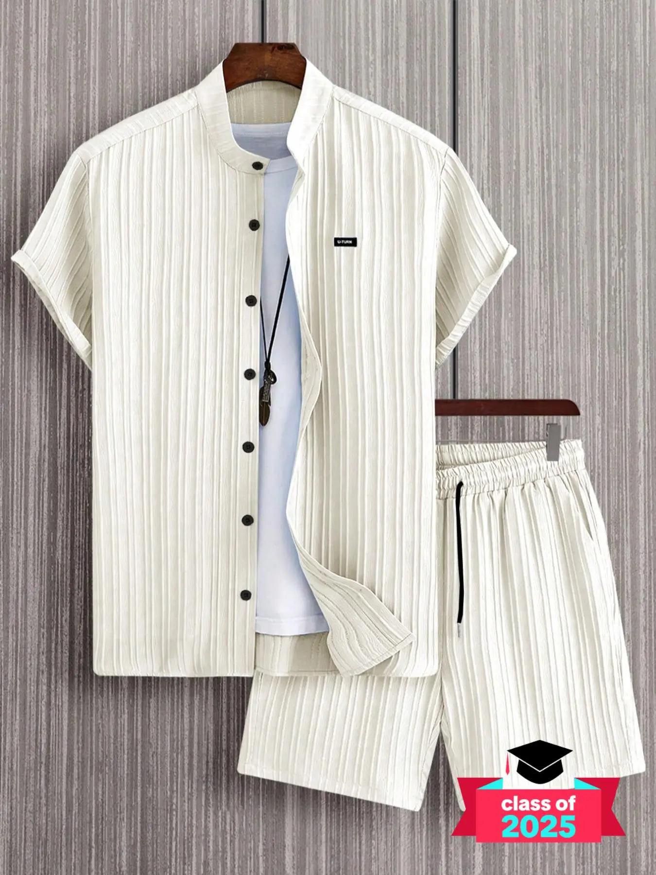 2 Counts Men's Plain Short Sleeve Two-Piece Set, Regular Fit Casual Letter Patched Button Front Stand Collar Shirt & Pocket Drawstring Waist Shorts, Menswear Clothing, Shortsleeve Suits, Outfits for Summer