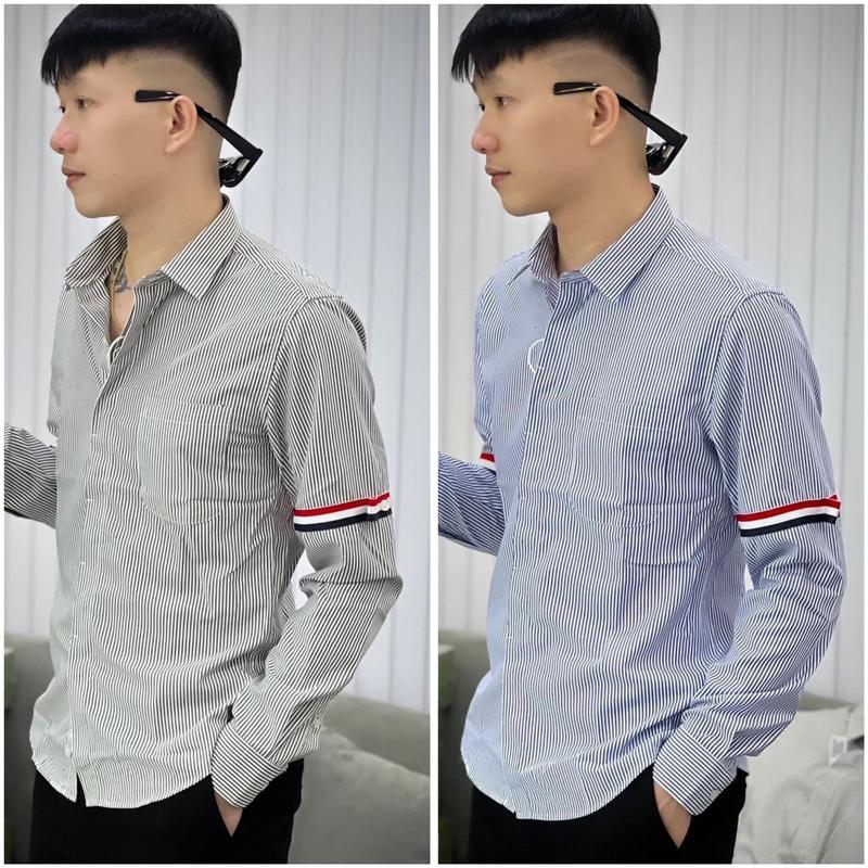Áo Sơ Mi Nam Tay Dài  kẻ sọc 3 vạch Vải Cotton Dày Dặn Form Đứng Boy Phố ST MEN STORE Menswear Xám