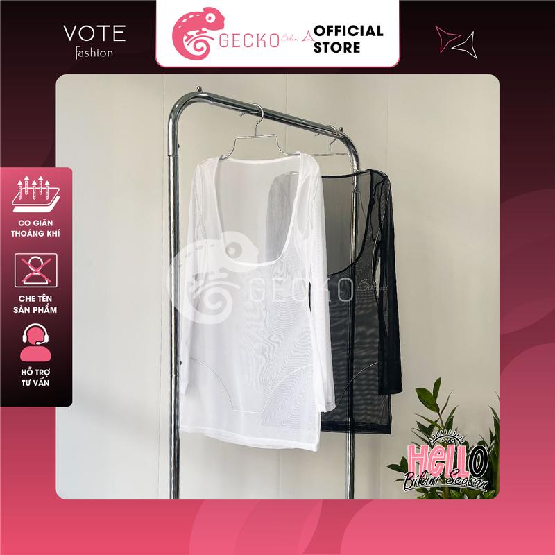 Áo Lưới Tay Loe GECKO Xuyên Thấu Mặc Kèm Bikini Ôm Body Dáng Ngắn 3PK13 (Ảnh Thật, Top, Women, Kem, Trắng) Thun Denim