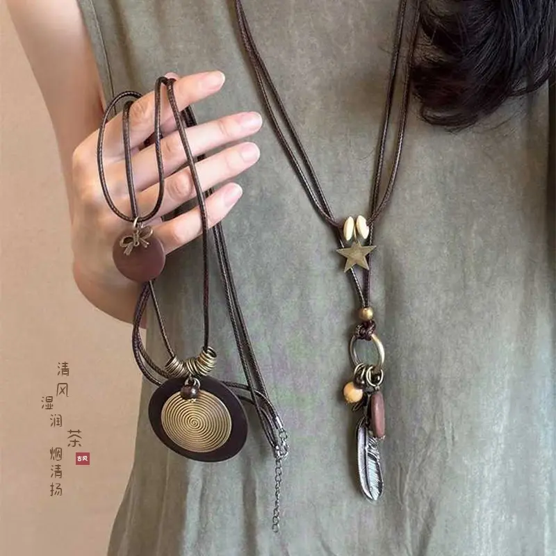 Vòng Cổ Áo Len Dài, Phong Cách Trung Quốc Mới, Dành Cho Phụ Nữ, Hai Lớp, Phong Cách Dân Tộc Cổ Điển Vòng Cổ Ngôi Sao Lông Vũ