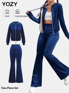 YOZY Two-Piece Set Women's Solid Color Zip Up Hooded Jacket & Flare Leg Pants, Casual Pocket Long Sleeve Outerwear & Drawstring Waist Bell Bottom Trousers for Spring & Fall, Ladies Clothes for Daily Wear