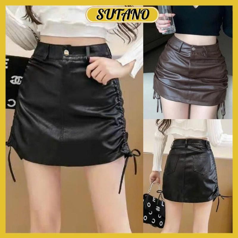 Chân váy da nữ rút dây 2 bên dáng chữ A có lót trong cao cấp CV500 SUTANO