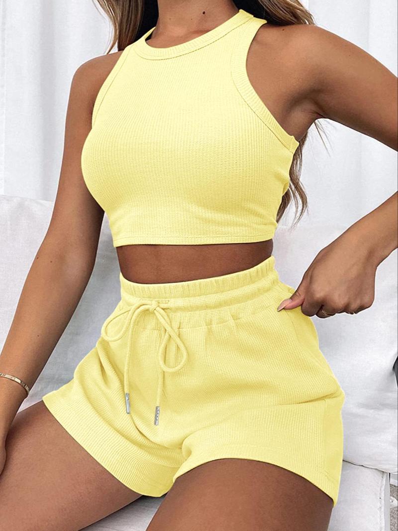 Product Introduction of Two-piece Set Women's Solid Waffle Textured Shorts Two-piece Set, Round Neck Crop Tank Top & Drawstring Pocket Shorts, Two Piece Sets Summer, Ladies Clothes for All Seasons, Matching Set Outfit 14