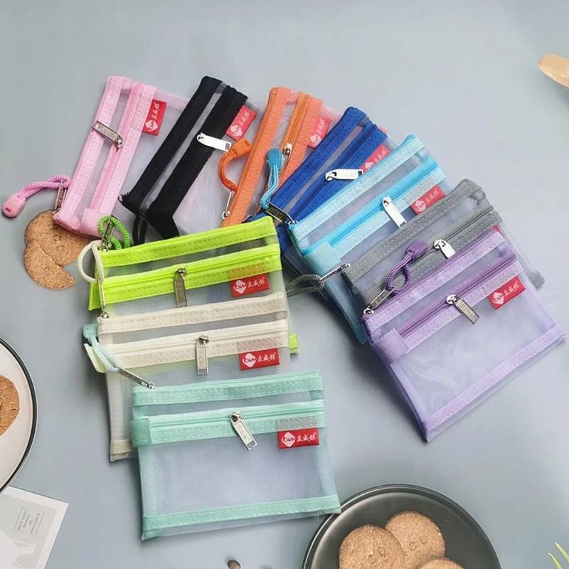 Product Introduction of New Portable Small Coin Bags Double Layer Mesh Bus ID Credit Card Storage Bag with Zipper Nylon Money Wallet Purse 11