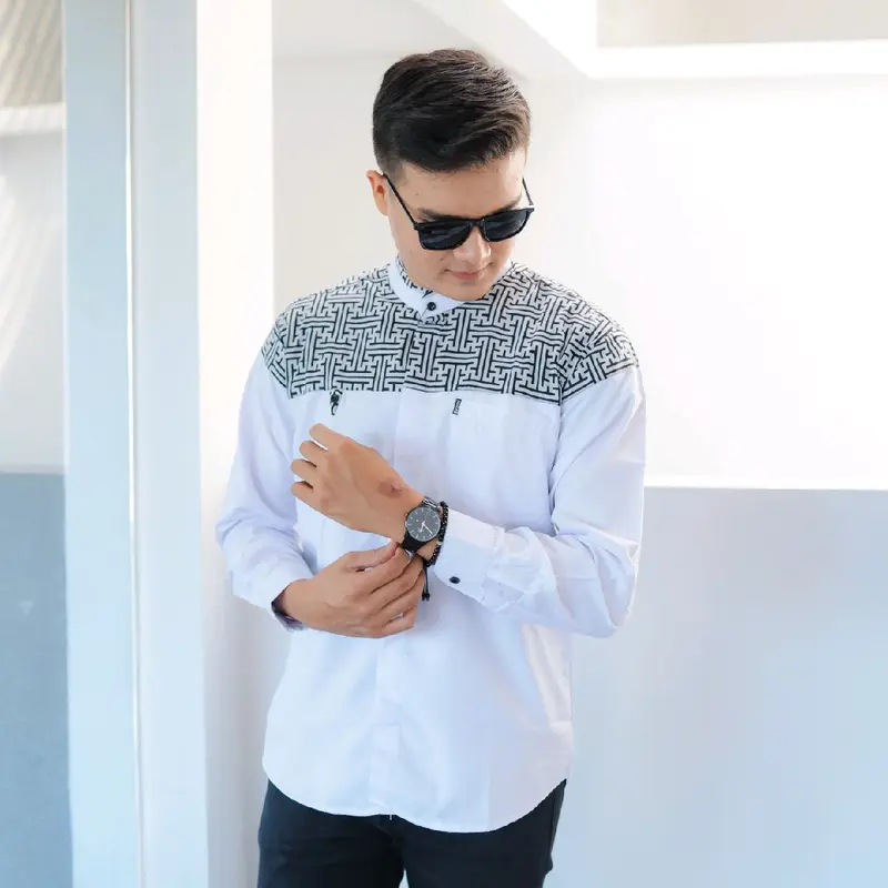 Baju Koko Elrumi lengan panjang motif Falcon kombinasi Batik Warna Putih 5